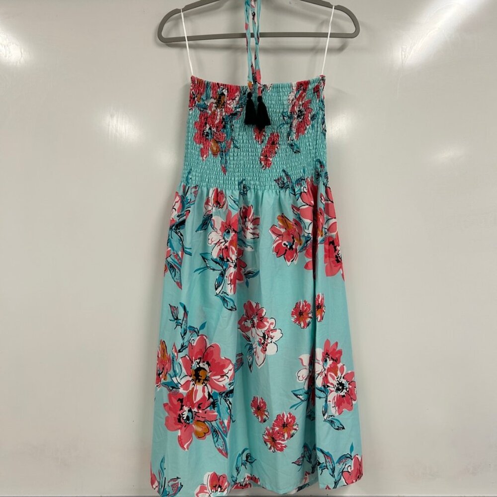 NWT Gypsie Blu Medium Aqua Floral Smocked Halter Sundress | Boho Tropical Resort